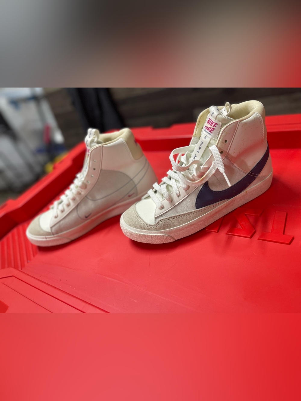 Nike Blazer Mid High Top in White with Navy Swoosh and Cream Accents